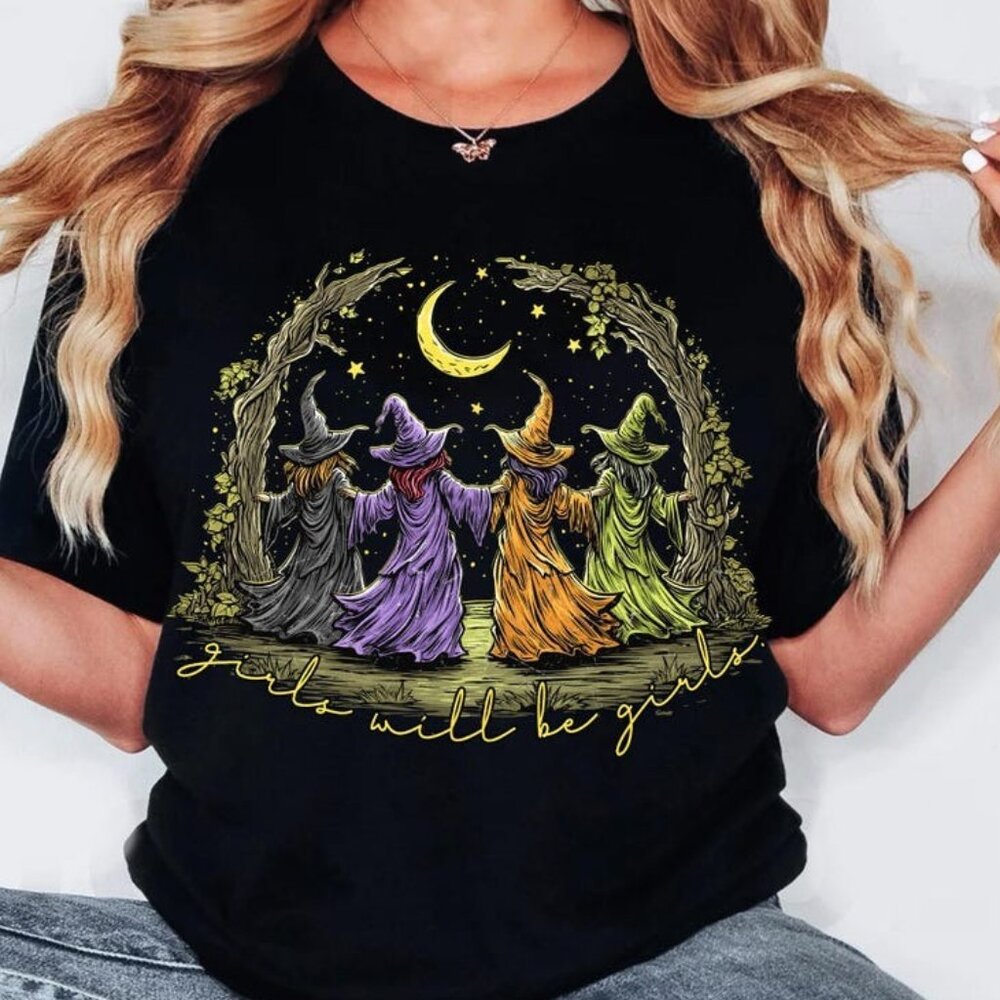 Retro Halloween Girls Will Be Girls Witch Tee